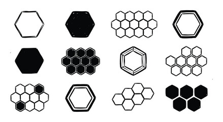 Obraz premium Hexagon honeycomb grid illustration set, geometric shapes, simple graphic design elements, hand-drawn sketch style