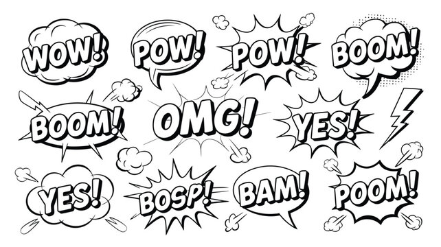 Comic book style sketch, speech bubble explosion text, hand drawn comic strips set, BOOM WOW BAM OMG BANG POW, pop art vector illustration