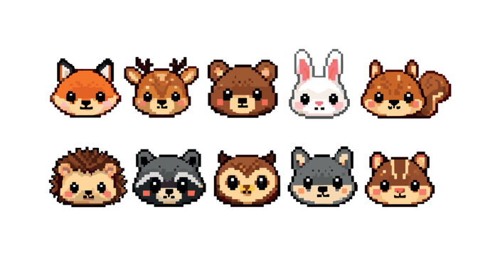 Animal faces pixel icon set. cute, pixelated animal icons collection outline style