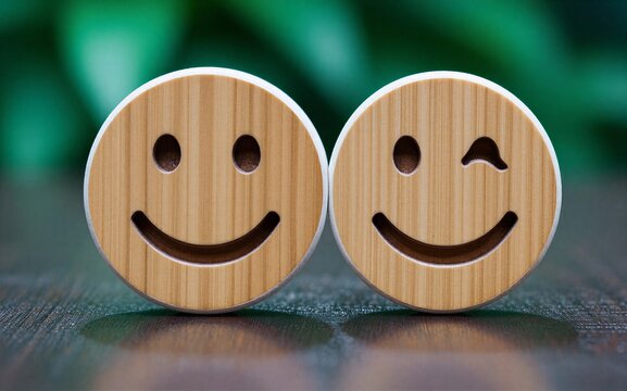 Wooden smiley and frowny faces on a table with green leaves in the