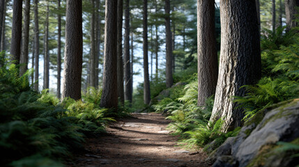 Fototapeta premium Path to Serenity: Sunlit path winds invitingly through a lush forest, creating a sense of peace and natural wonder. Capturing the essence of tranquility.