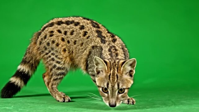 A small, spotted genet with a ringed tail crouches on a vibrant green background, looking intently forward.