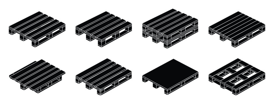 Isometric wooden shipping pallets vector illustration. Set of pallet types, including block, stringer, solid deck, and partial four way.