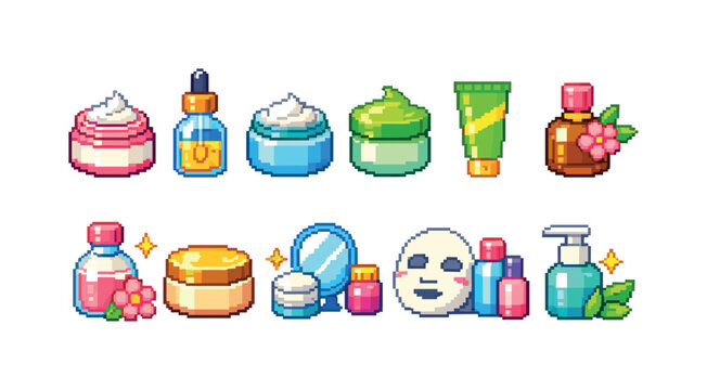 Skincare products pixel icon set. beauty, cosmetics, pixel art icons collection