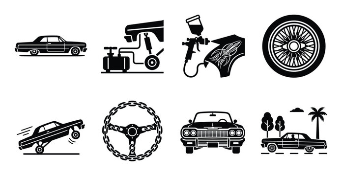 Lowrider car vector set, hydraulic suspension, spray paint, wire wheel, steering wheel, trees, and palm tree in silhouette.