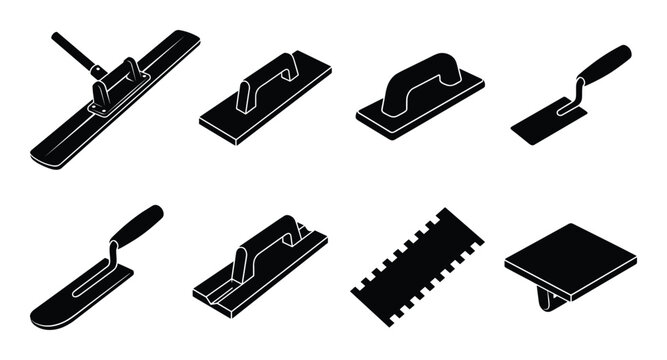 Masonry float, trowel and sponge icons vector illustration set for building construction, bricklaying, and plastering