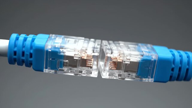 Macro Shot of Two Blue Ethernet Cables Connecting in Front of a Gray Background for Telecommunications Data Transfer