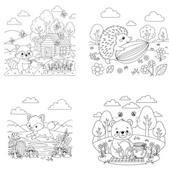 Obraz premium Adorable cartoon forest animals coloring pages: fox, raccoon, hedgehog, bear