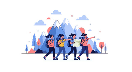 Obraz premium Illustration of a group of girls hiking on National Girl Scout Day with a scenic mountain background in a colorful design.