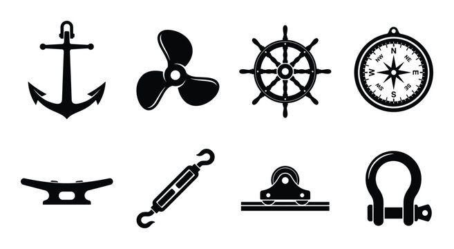 Nautical vessel equipment icons collection: anchor, propeller, ship wheel, compass, and marine hardware symbols