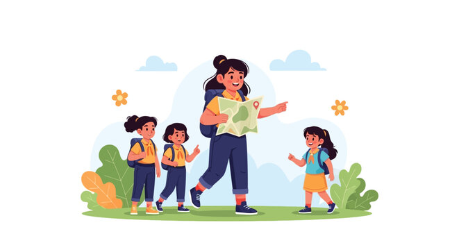 Illustration of a girl scout leader and three young girls on a camping adventure in a natural setting with a sunny and cheerful mood.
