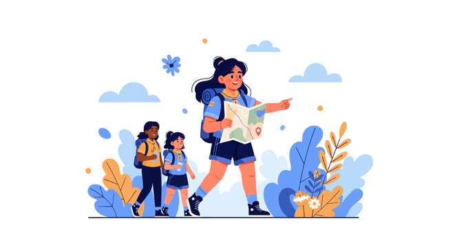 Illustration of a girl scout leader and two scouts on a camping adventure, exploring outdoors with a map on National Girl Scout Day, set against a colorful background with a joyful and