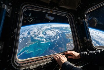Fototapeta premium A stunning 8K cinematic interior view from a spacecraft cupola window showcasing Earth’s daylight side with detailed clouds, ocean gradients, and natural sunlight streaming through a realistic window