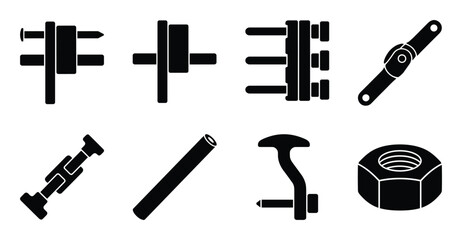 Fototapeta premium Orthopedic external fixator silhouettes, detailed medical device components, including nuts, rods, hinges, and joints, black elements.