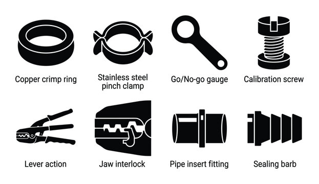 PEX crimp ring collection, including pinch clamp, go gauge, calibration screw, lever action, jaw interlock, sealing barb