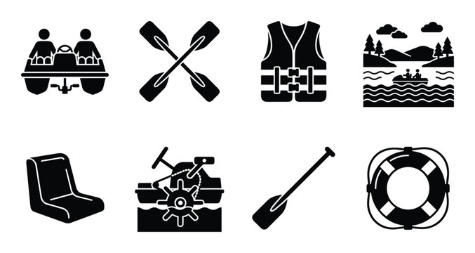 Pedal boat vector set, paddles, life vest, lake scene, seat, mechanism, single paddle, lifebuoy vector illustration