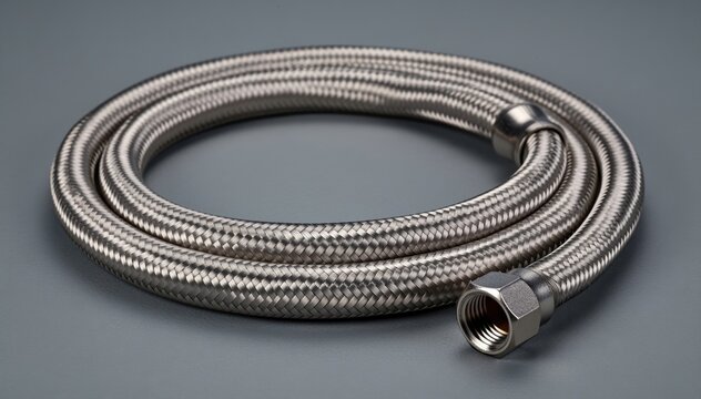 Metal Braided Hose: A durable metal braided hose lies coiled, its intricate construction and industrial design highlighted against a neutral backdrop. Perfect for plumbing.