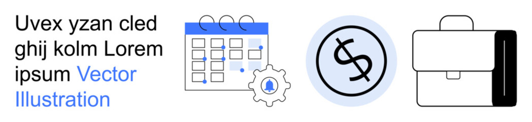 Project planning, finance, teamwork, scheduling, productivity, goal setting. Blue calendar, dollar sign in a circle gear with a microphone and briefcase. Scheduling and finance concepts