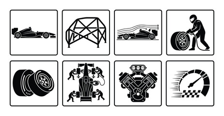 Fototapeta premium Race Car Aerodynamics Vector Set: Formula One, Roll Cage, Wind Tunnel, Pit Stop, Engine, and Speedometer