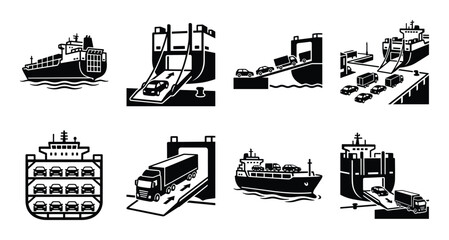 Obraz premium Roll-on/roll-off ships vector icons, transporting vehicles on various vessels and ramp configurations. RoRo ship designs.