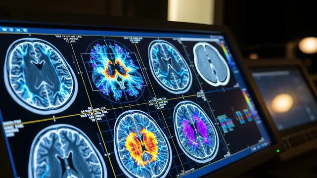 Vibrant brain MRI scans continuously animating neurological structures and activity for medical diagnosis and scientific research clip.