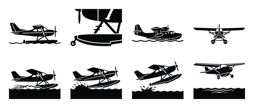 Seaplane vector illustrations: floats, hull, wings, takeoff, landing on water, front view and side profile, silhouette collection