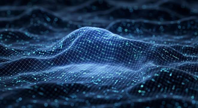 Abstract dark blue digital data grid mesh landscape featuring glowing light points and flowing undulating terrain representing cyberspace networks big data visualization and 3D wireframe information 