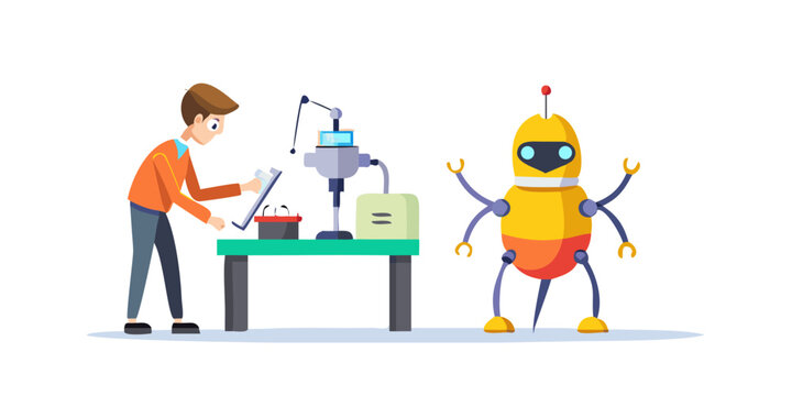 Testing and repairing bugs in programs. Isolated employee helping robot to improve quality of work, automatization of project making. Vector in flat cartoon style See Less
