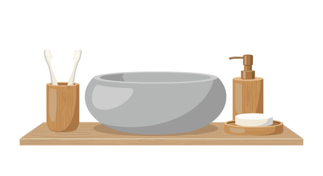 A bamboo toothbrush holder, grey stone bowl, wooden soap dispenser, and bar soap are arranged on a light brown wooden shelf.