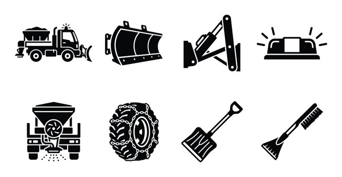 Snow removal icons featuring snowplow truck, snowplow blade, hydraulic lift, flasher, spreader, snow chains, shovel, and ice scraper