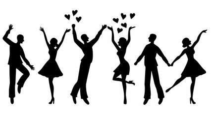 Silhouettes of happy couples dancing together with hearts