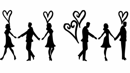 Obraz premium Silhouettes of romantic couples holding hands with heart designs