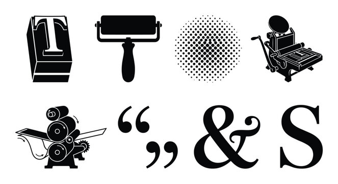 Typography and printing tools illustration featuring letterpress, ink roller, halftone dot, and printing press machine equipment set