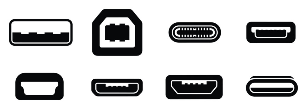 USB connector port profile icons illustration showing various USB types like A, B, C, mini, and micro, connection ports diagram