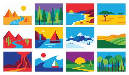 Naklejka premium Vibrant Abstract Landscape Illustrations Collection: Pyramids, Forests, Beaches, Mountains, Volcano, Fields