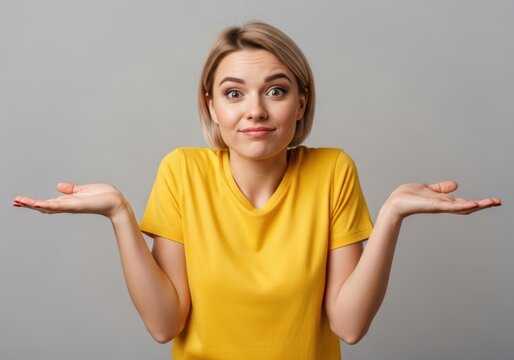 Young woman shrugging shoulders with a questioning expression, isolated on white background