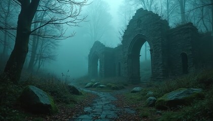Naklejka premium Misty forest path leads to ancient stone ruins. Overgrown foliage covers weathered walls. Eerie atmosphere, forgotten history. Gloomy, secluded, wild nature.