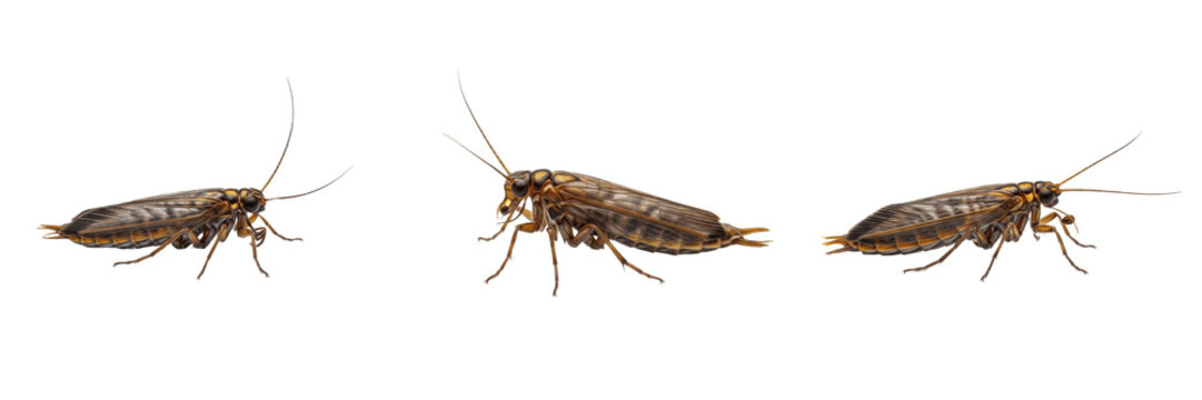 Firebrat Thermobia domestica Isolated on White Background. Silverfish Lepismatidae Household Pest Macro Set. Bristletail Wingless Insect Crawling Bug Wildlife.