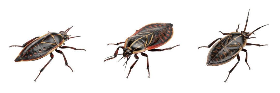 Boxelder Bug Boisea trivittata isolated on white background, black and red hemiptera insect, Rhopalidae, true bug macro set, garden specimen, cutout PNG imagery.