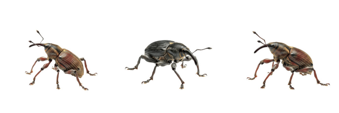 Acorn Weevil Curculio glandium isolated on white background, snout beetle insect, Curculionidae, brown weevil macro set, coleoptera specimen, long rostrum cutout.
