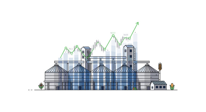 An illustrated agricultural facility featuring multiple metallic grain silos and buildings is overlaid with an upward-trending green financial line graph on a white background.