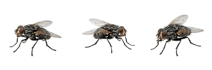 House fly set Musca domestica collection flying common insects for biological wildlife study and sanitation awareness isolated on white background PNG cutout high quality digital asset
