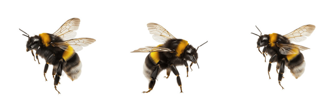 Bumblebee set Bombus terrestris collection flying fuzzy insects for garden nature pollination wildlife study isolated on white background PNG cutout high quality digital stock asset metadata