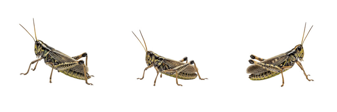 Grasshopper set Caelifera collection jumping common insects for biological wildlife study and garden nature isolated on white background PNG cutout high quality digital stock asset