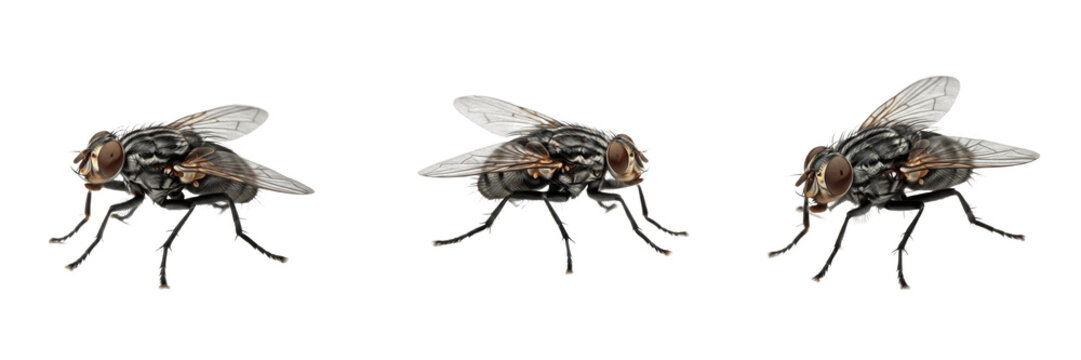 House fly set Musca domestica collection flying common insects for biological wildlife study and sanitation awareness isolated on white background PNG cutout high quality digital asset