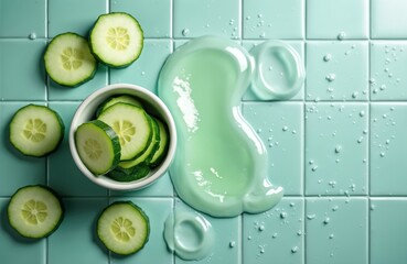 Fototapeta premium Sliced cucumbers and cooling green gel sit on a light blue tiled surface. This flat lay suggests skincare benefits like hydration and rejuvenation. It is ideal for beauty and wellness content.