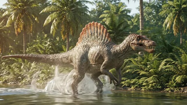 Spinosaurus Running Through River in Prehistoric Jungle 3D Render