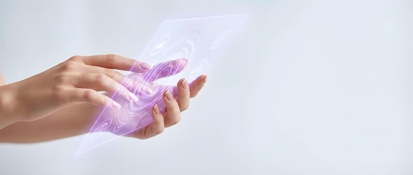 Female hands holding glowing purple digital holographic cube with futuristic light effects on white background for technology and innovation concepts.
