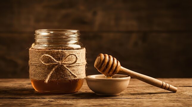 Rustic honey jar wrapped in burlap with wooden dipper and bowl on wooden table against dark brick wall background for natural organic food concepts.