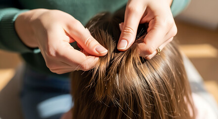 Fototapeta premium Professional hair trimming close-up with scissors on brown hair in salon
